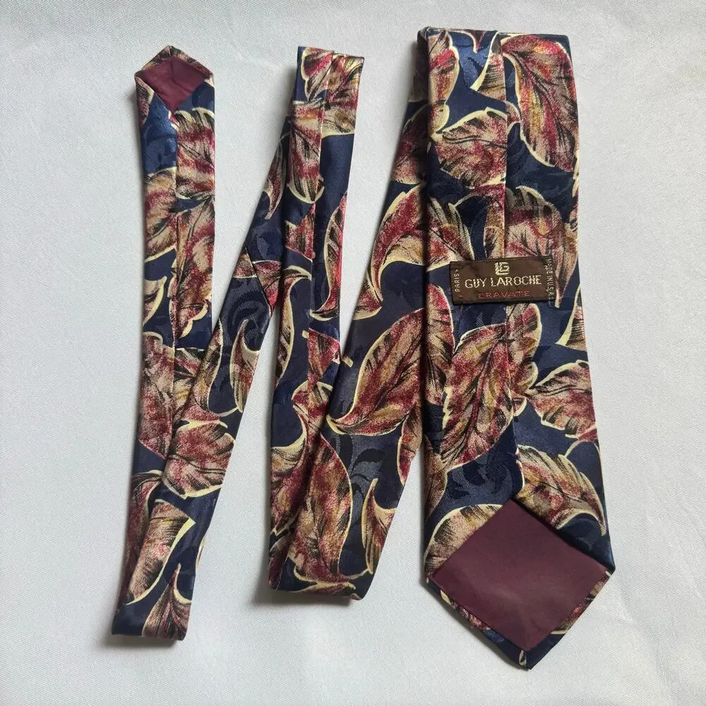 Vintage Guy Laroche Cravate Tie Made in USA Abstract Leaf Motif Designer Necktie